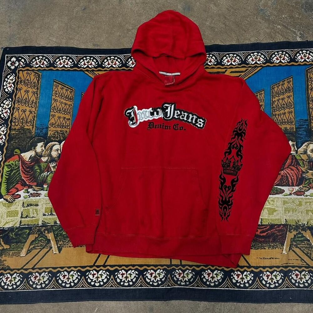 Vintage Red JNCO Jeans hoodie baggy Size xxl Skater black tribal embroidered y2k